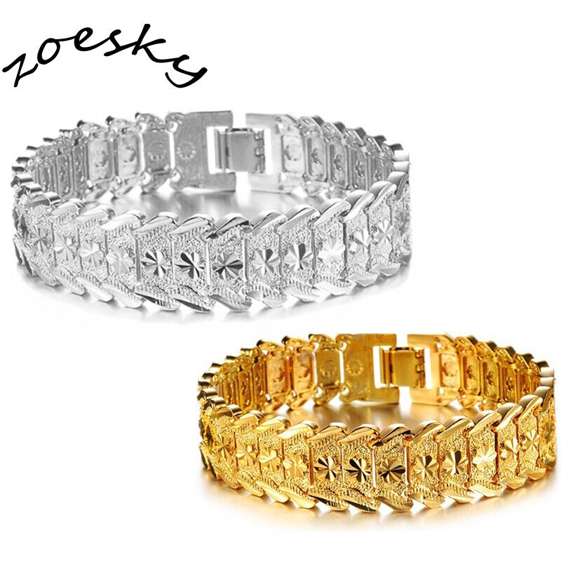 Zoesky Mens 18K Gold Plated Link Bracelet Classic Carving Wrist Chain Link Bang