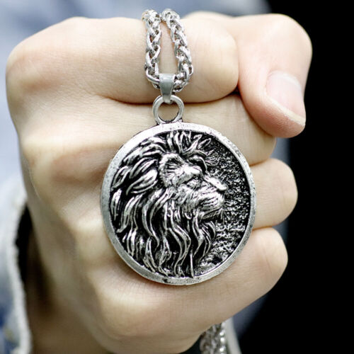 Men Lion Head Animals Pendant Medal Retro Alloy Necklace w/Stainless Steel Chain