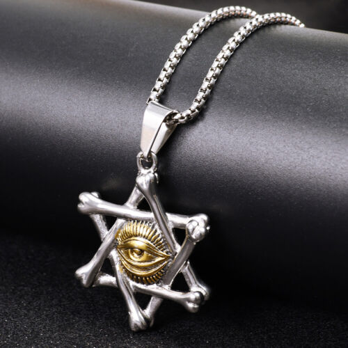 TIGRADE Punk Bone Shape Star of David Demon Eye Pendant Necklace Stainless Steel