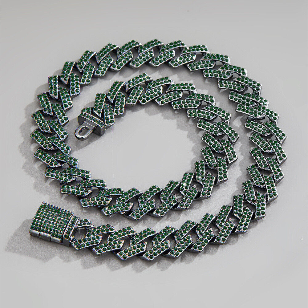 Green Miami Cuban Link Chain 15 mm Clear Rhinestones Mens Womens Neckace 7-24"