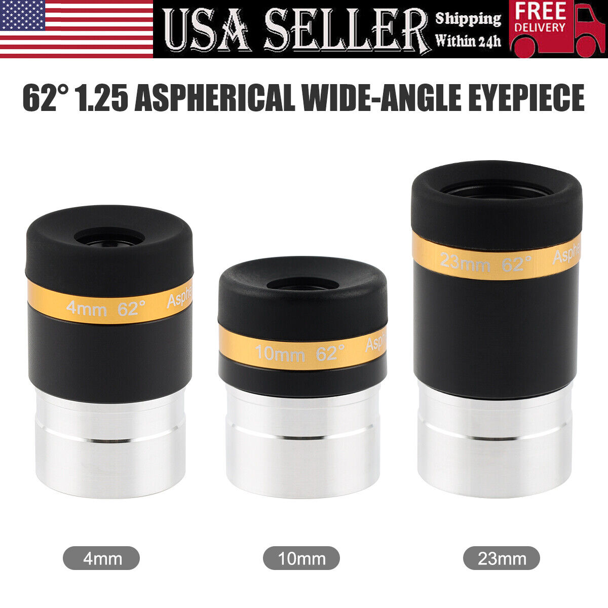 Aspheric Telescope Eyepiece 1.25inch 62° 4/10/23mm Ultra Wide Angle Lens US