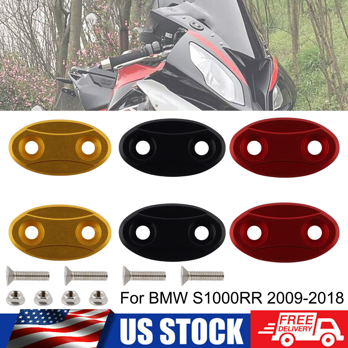 For BMW S1000RR 2009-2018 Rearview Mirror Block Off Base Plates Cover Black 2pcs