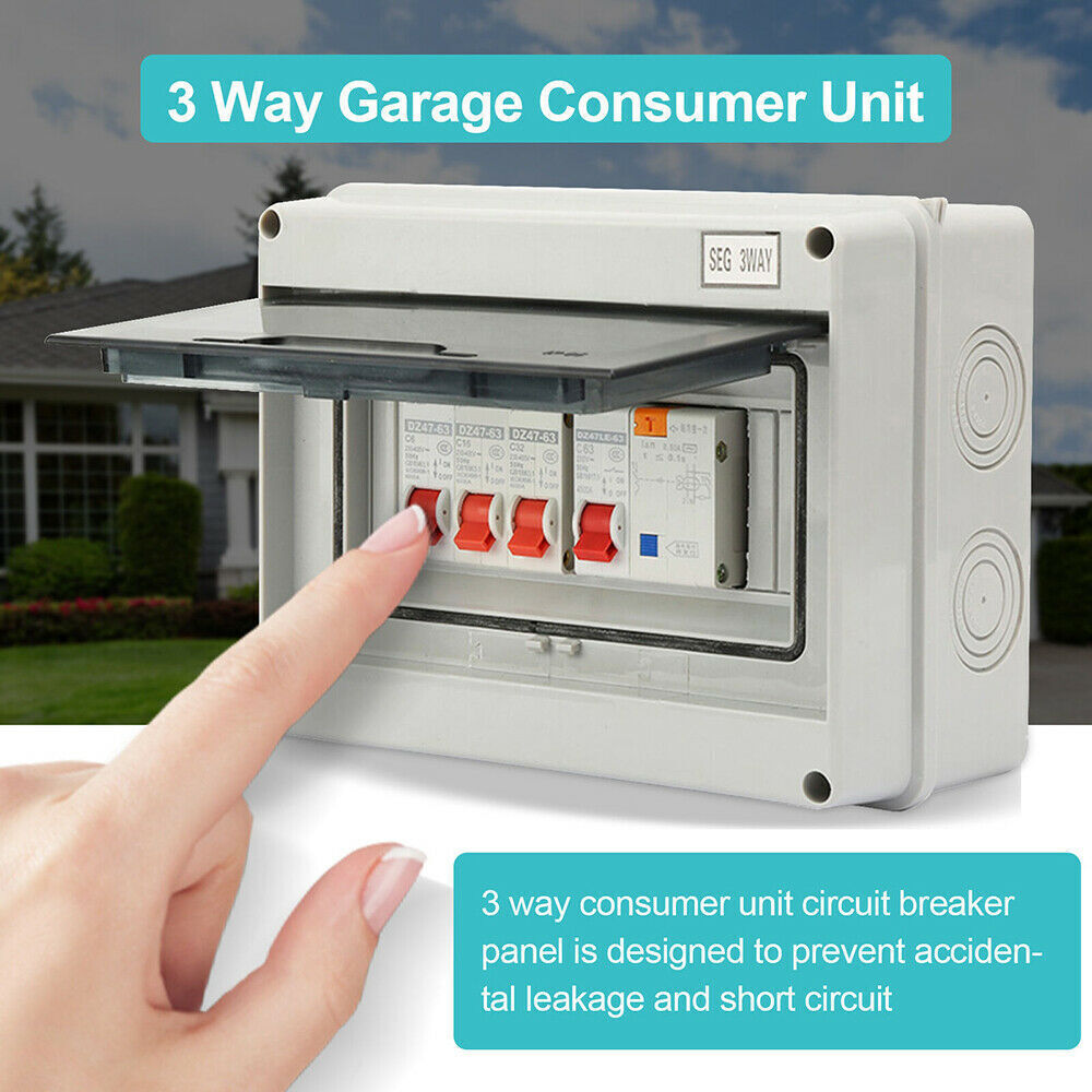 3 WAY GARAGE IP65 Weatherproof Consumer Unit Enclosure 63A 30mA RCD MCB ...