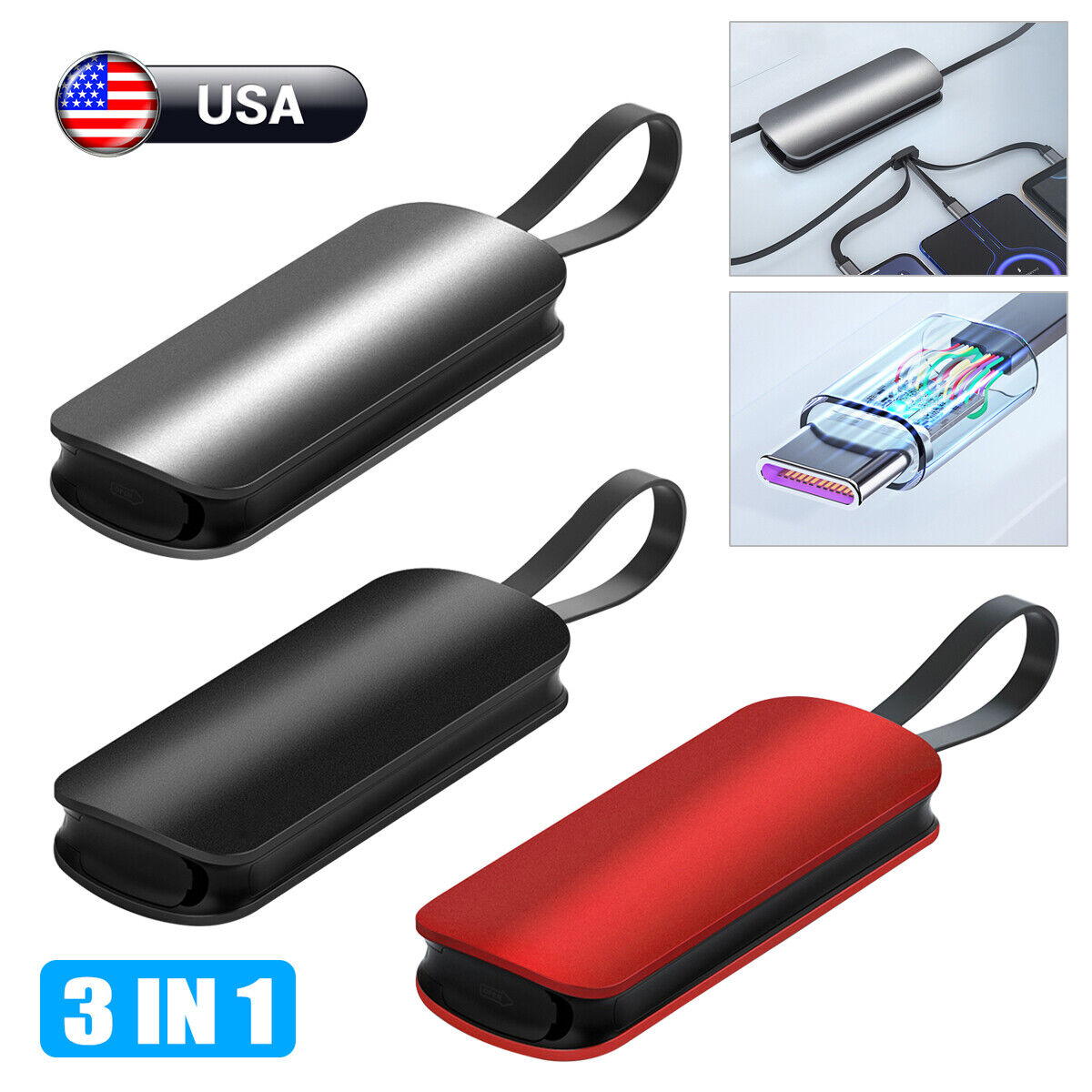 3-in-1 Multi USB Charging Cable 3A Fast Charger Cord For iPhone/Type C/Micro USB