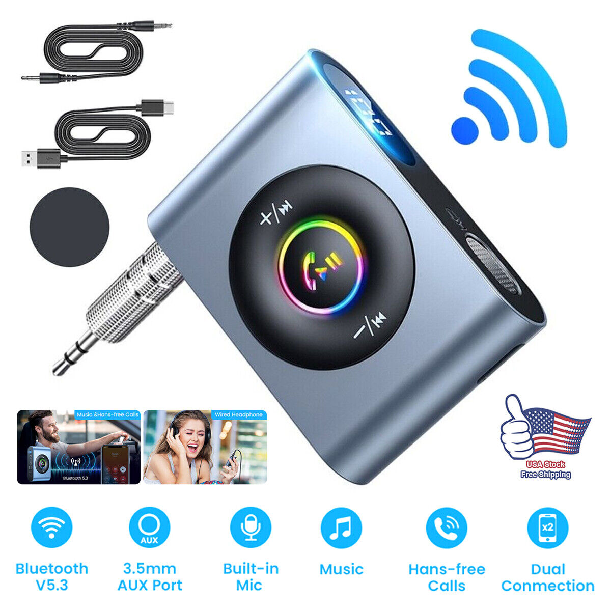 Bluetooth 5.0 Transmitter Receiver 2 IN 1 Wireless Audio 3.5mm Jack Aux Adapter