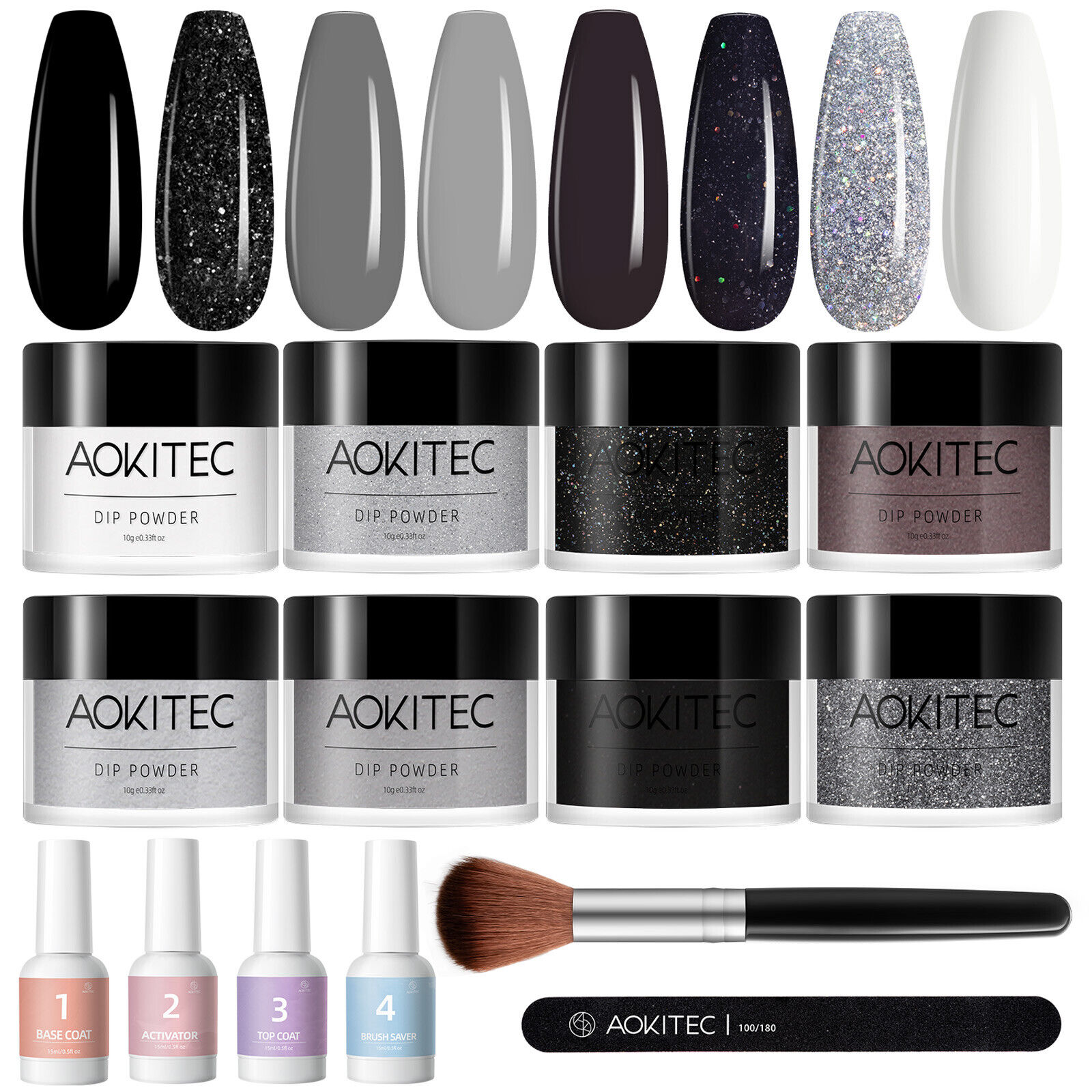 14PCS Dip Powder Nail Kit Black Glitter Dipping Powder Starter Set DIY Salon US