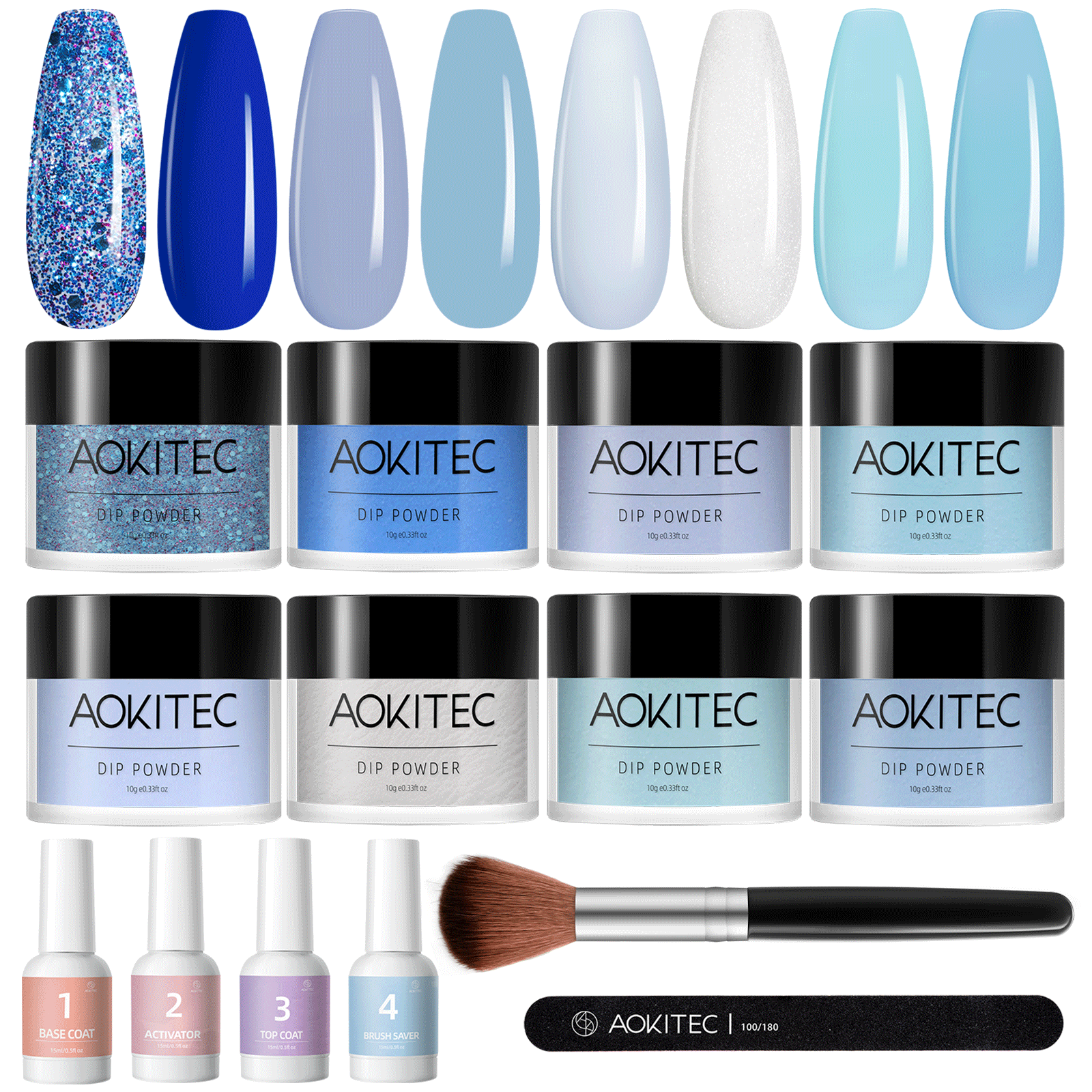 14PCS Dip Powder Nail Kit Blue Glitter Dipping Powder Starter Set DIY Salon US