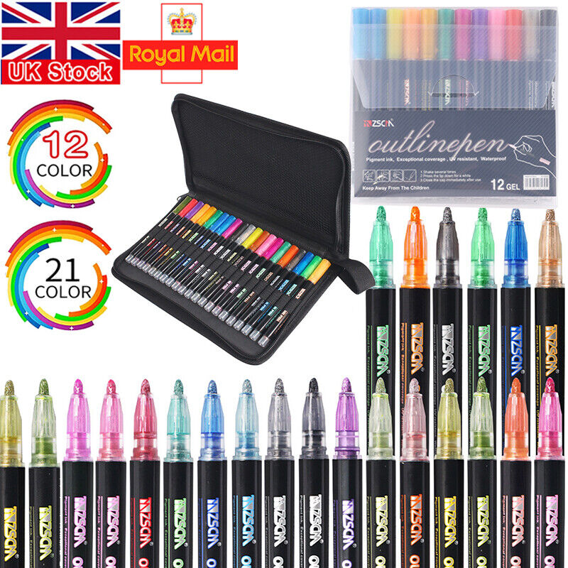 Drawing Marker Pens Double Line Outline Pens 12 Color Self Outline Metallic.