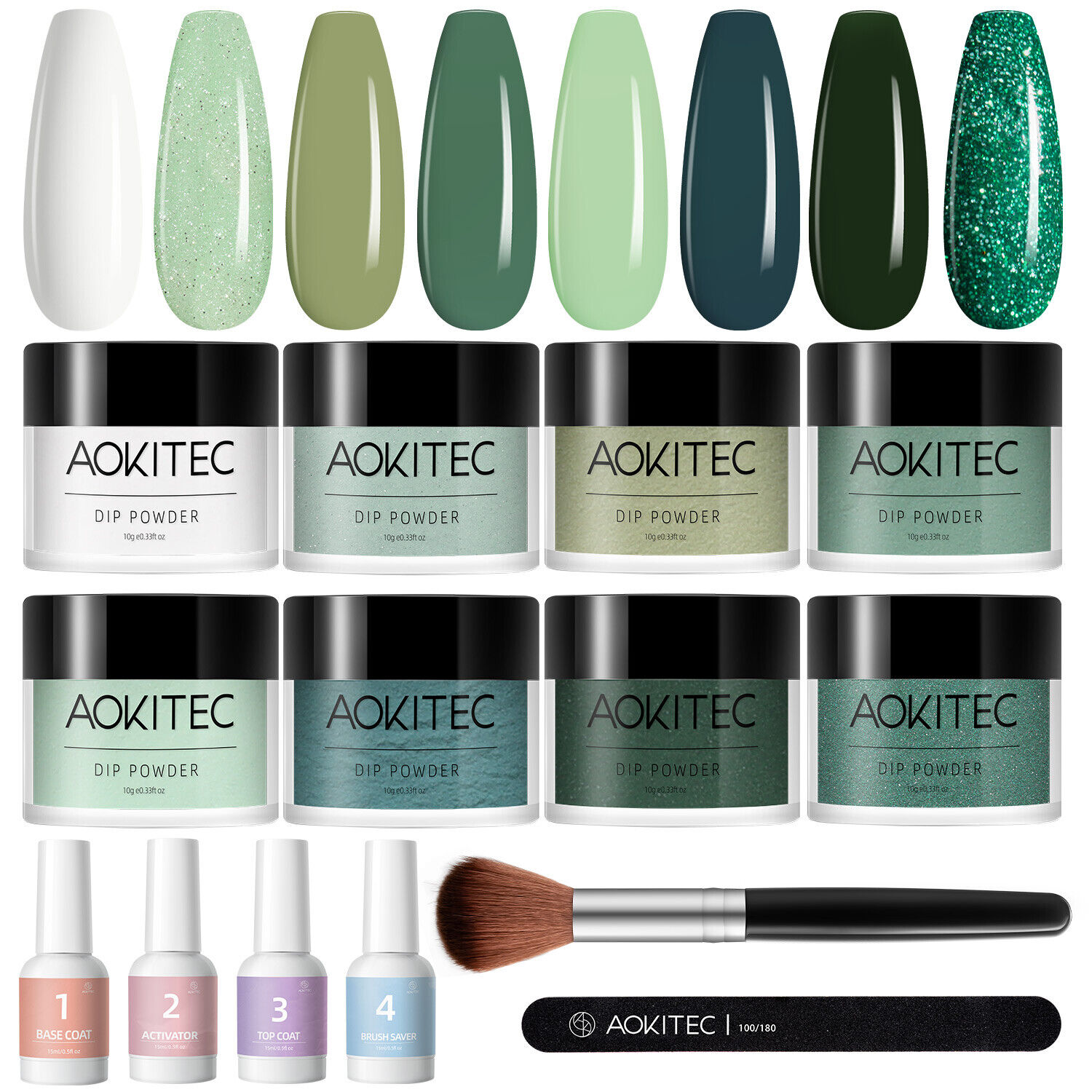 14PCS Dip Powder Nail Kit Green Glitter Dipping Powder Starter Set DIY Salon US